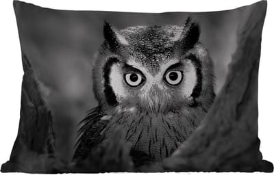 Buitenkussens - Tuin - Vogel - Uil - Portret- Zwart - Wit - 50x30 cm