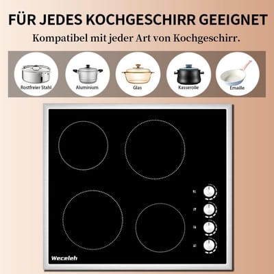 Inbouw Keramische Kookplaat 60 cm Zwart Glas 4 Zones 6000W