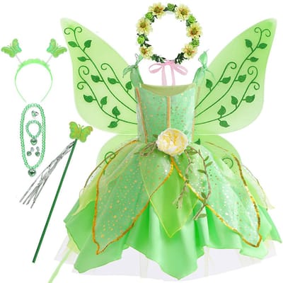 Elf Film Tinkerbell Meisjes Speel Fee Jurk Groene Salopette Rok Met Vleugels en Bloem Kerstcadeau voor Meisjes 7-8T(tag 140) beige