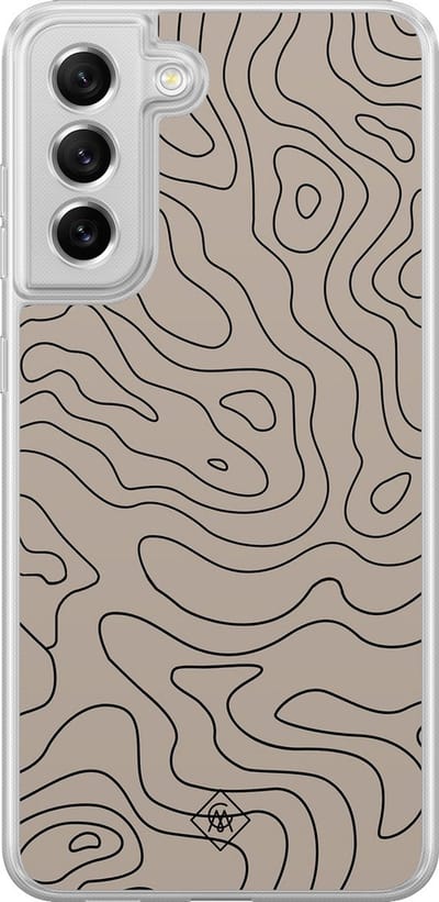 Casimoda® hoesje - Geschikt voor Samsung Galaxy S21 FE - Abstract Lines - 2-in-1 case - Schokbestendig - Geometrisch patroon - Verhoogde randen - Bruin/beige, Transparant