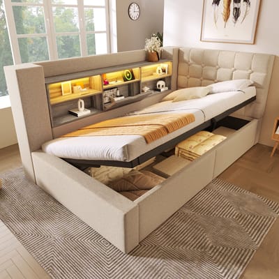 Gestoffeerd Eenpersoonsbed - 90x190 - LED + Hydraulisch Opbergbed - L-vormig Hoofdeinde Met Opbergruimte - Lattenbodem - Linnen - Beige