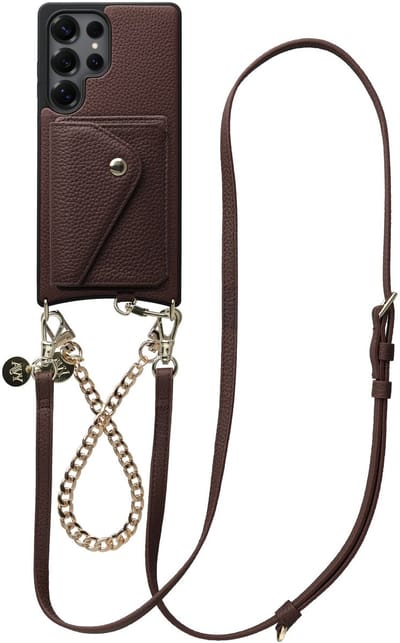 AVY Leren Hoesje geschikt voor Samsung Galaxy S25 Ultra | Met Koord en Magnetische Kaarthouder | Compatibel met MagSafe | Leather Case met 30CM & 130CM Koord & Wallet | Leather and Gold | Chocolate