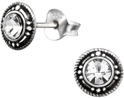 Joy|S - Zilveren Bali classic oorbellen - 7 mm - wit kristal - geoxideerd