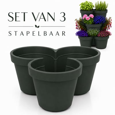 Benza – Stapelbare Bloempot Set van 3 – Ø 44 x 20 cm – 9 Plantvakken – Donkergroen – 90% Gerecycled Materiaal