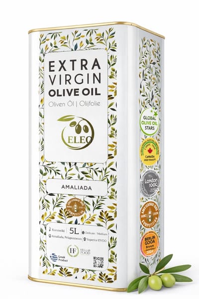 ELEO Olijfolie 5 liter Extra Vierge Amaliada – Zuurgraad <0,5% – 100% Koroneiki – Eerste Koude Persing – Delicaat & Rijk aan Antioxidanten – Internationale Medaille Winnaar
