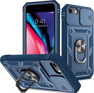 Coverup Hoesje - Geschikt voor iPhone SE (2022/2020), iPhone 8 / 7 Hoesje - Coverup Ring Kickstand Back Cover met Camera Shield - Blauw