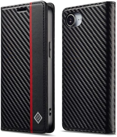 Luxe BoekCover Hoes Etui geschikt voor Apple iPhone 16e - iPhone 17e - Zwart - Rood - Carbon