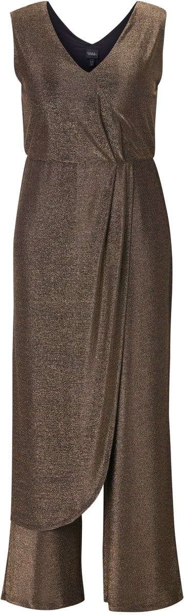 Ulla Popken - Dames - Jumpsuit glitter wijde pijp V-hals mouwloos - Goud - Maat 46
