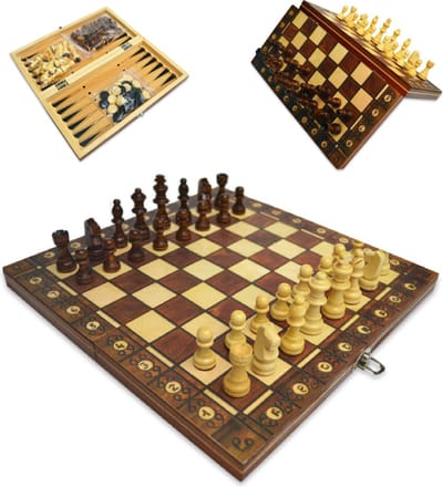 Shagam - 3-in-1 Set - 24 x 24 cm - Schaakbord - Dambord (8x8) - Backgammon - Hout - Magnetisch - Met Schaakstukken - Opklapbaar - Schaakspel - Schaakset - Schaken - Chess - Damset
