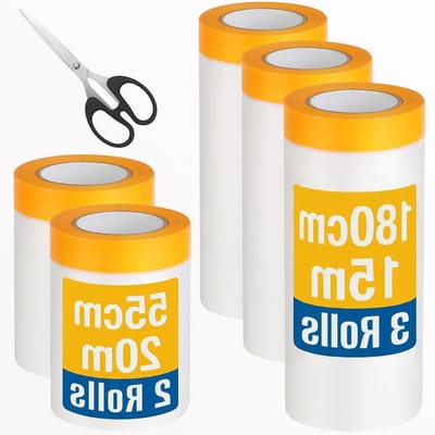5 Rollen Verfafdekfolie met Plakband (180cm*15Mx3, 55cm*20Mx2), Transparante Beschermfolie voor Meubels, Vloeren en Muren, Inclusief Schaar voor Eenvoudig Snijden