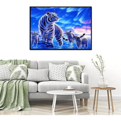 Peinture diamant lac grand tigre famille, broderie complète de mosaïque en diamant carré, image en strass 20X30CM blue