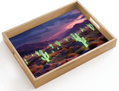 Dienblad hout 40x30 cm - Schootdienblad - Neon cactussen - Woestijn - Zonsondergang - Borrelplank rechthoek - Plateau dienbladen