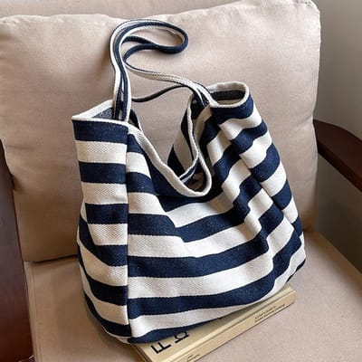 Koreaanse Ins Luie Stijl Gestreepte Canvas Tas Literair Contrasterende Kleur Tote Bag Grote Capaciteit Schoudertas Boodschappentas Grote Tas black