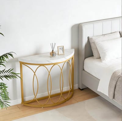 Halvemaan Bijzettafel Met Marmerlook En Gouden Metalen Frame Voor Hal En Woonkamer MDF 110 X 35 X 80 Cm Goud Wit