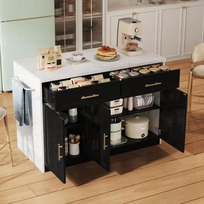 Keukeneiland met stopcontact - Keukentrolley barfunctie - Keuken organiseren - Geïntegreerde USB poorten - 120x60x91cm - Zwart