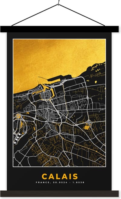 Posterhanger incl. Poster 40x60 cm - Schoolplaat - Kaart – Stadskaart – Calais - Plattegrond – Frankrijk - Textielposter - Zwarte latten - Stadskaart