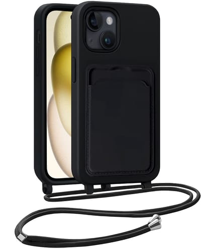 Hoesje Geschikt voor iPhone 15 Plus Telefoonhoesje Met Koord Case Pashouder Siliconen - Hoes Geschikt voor iPhone 15 Plus Hoesje Met Kaarthouder - Zwart
