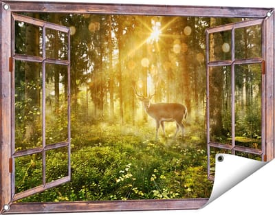 Gards Tuinposter Doorkijk Hert in Bos met Zon - 90x60 cm - Tuindoek - Tuindecoratie - Wanddecoratie buiten - Tuinschilderij