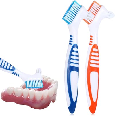 2 stuks kunstgebit reinigingsborstel kunstgebit borstel premium hygine kunstgebit reiniger set meerlagige haren rubberen handvat kunstgebit tandenborstels (blauw/oranje)