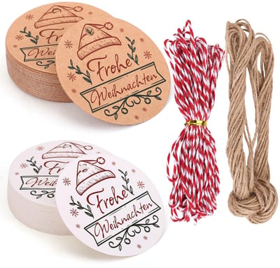 Dailygoods - Kesote Cadeaulabels Kerstmis 100 etiketten rond kraftpapier wit hanger met koord