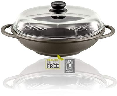 Wok Pan met Glasdeksel en Houten Handvat, 3-laags Antikleeflaag, Robuust Gietaluminium, 32 cm
