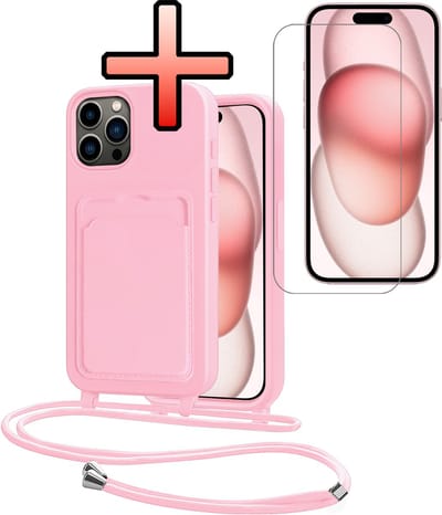 Hoes Geschikt voor iPhone 15 Pro Max Hoesje Pasjeshouder Cover Met Koord Case Siliconen Hoes Met Telefoonkoord en Kaarthouder Met Screenprotector - Lichtroze