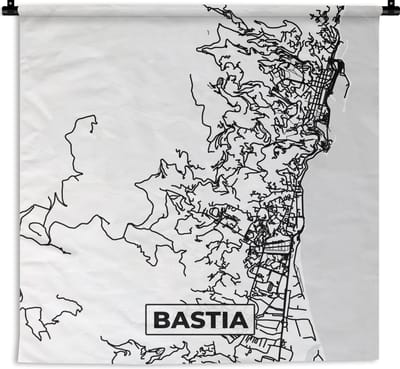 Wandkleed - Wanddoek - Frankrijk – Kaart – Plattegrond – Stadskaart - Bastia - Zwart wit - 180x180 cm - Wandtapijt