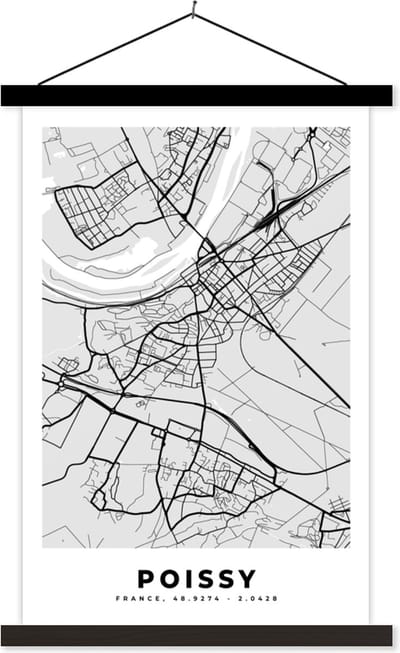 Posterhanger incl. Poster 40x60 cm - Schoolplaat - Plattegrond - Kaart - Stadskaart - Frankrijk - Poissy - Textielposter - Zwarte latten - Stadskaart