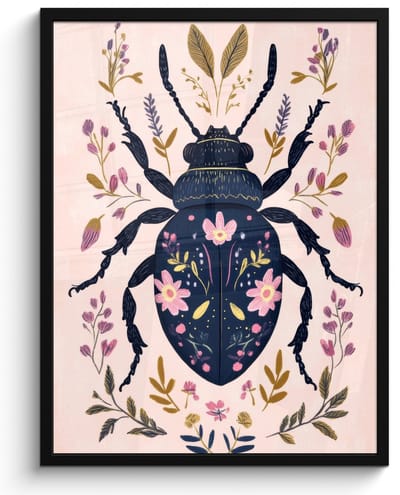 Poster in lijst - Fotolijst 60x80 cm - Posters - Donkerblauw - Kever - Bloemtakken - Sierlijk - Posterlijst zwart - Decoratie - Wanddecoratie woonkamer - Muurdecoratie slaapkamer
