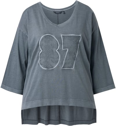 Ulla Popken - Dames - Shirt oversized V-hals 3/4-mouwen langer achterpand - Grafietgrijs - Maat 58+