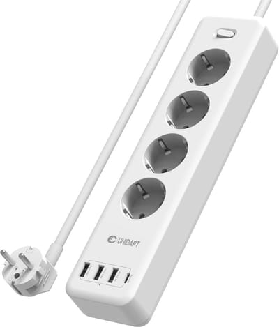 Meervoudige stekkerdoos met 4 Smart USB-poorten en USB-C, Wandmontage, 2500W met Beveiliging