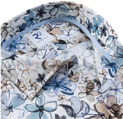 R2 Overhemd Linnen Blend Flowers Blauw Beige - Maat M - Heren