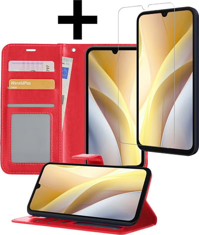 Hoesje - Met Screenprotector - Geschikt voor Samsung Galaxy A15 - Luxe Pasjeshouder - Bookcase Portemonee - Flip Case - Kunstleer Book Case - Flipcase - Book Cover - Walletcase - Portemonneehoes - Telefoonhoesjes - Rood