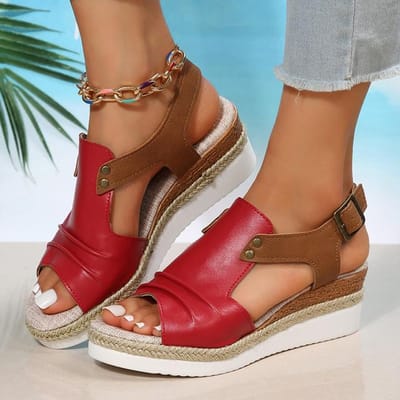 Geplooide PU leren wig sandalen voor vrouwen met een bandje aan de achterkant, espadrilles met platform en een dikke onderkant, peep toe schoenen voor vrouwen in de zomer 38 rood