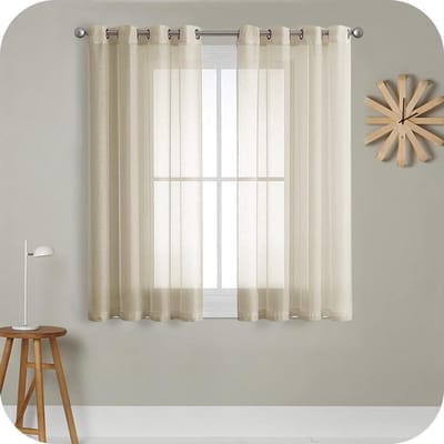 PolkaHome Vitrage, voile stof, halfdoorzichtig, kort, met ingestanste ringen, linnenlook, voor woonkamer, slaapkamer, kinderkamer, beige, 160 x 140 cm (h x b), 2-delige set