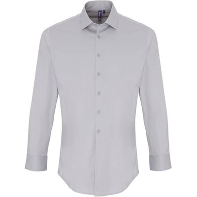 Premier Heren Rekken Pasvorm Popeline Lange Mouwen Shirt (Zilver)