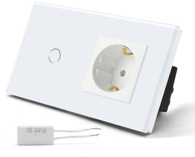 Wandlichtschakelaar met glasplaat en stopcontact, dimmer, 1-voudig, 2-weg, eenvoudig te installeren, 16 ampère
