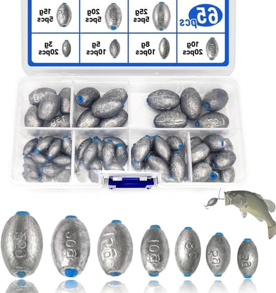Complete set van 65 visloodjes in verschillende gewichten met opbergdoos voor zeevissen, diepzeevissen en zoetwatervissen