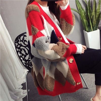 Pulls pour femmes Automne Hiver Décontracté Plaid Col en V Cardigans Cardigans boutonnés Pull ample à manches bouffantes Manteau M rouge