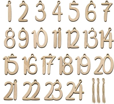 Dailygoods- Adventskalender Houten Cijfers 1-24 - Cadeaulabels - Kerstdecoratie - Aftellen naar Kerstmis - Houten Ornamenten - Praktische Knutselset