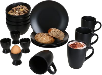 16-delige NERO ontbijtset mat zwart voor 4 personen van steengoed - 4x 24320072, 4x 24304294, 4x 24304286 & 4x 24304275