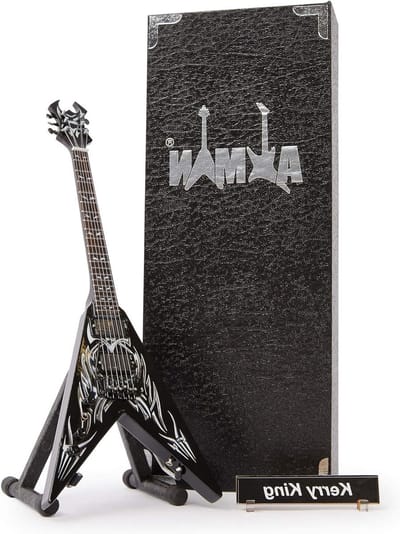 Miniatuur Gitaar - Handgemaakt Ornament - Muziekgeschenken - Inclusief Standaard - 25 cm Hoog - Zwart