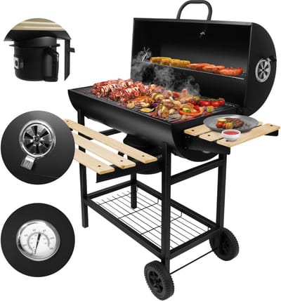 Gregman Roast 80 Grote Houtskool BBQ - Barbecue op Wielen met Deksel & Thermometer - Tuingrill met Zijplanken & Luchtregeling - Zwart