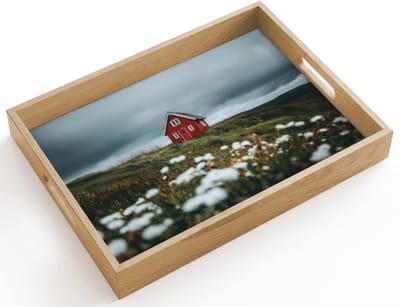 Dienblad hout 40x30 cm - Schootdienblad - Heuvel - Huisje - Bloemen - Wit - Borrelplank rechthoek - Plateau dienbladen