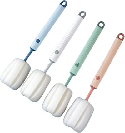 4-pack flessenborstelsponzen - 27 cm lange steel flessensponzen - zachte sponzen met handvatten - geschikt voor babyflessen, bekers en kannen - blauw, groen, grijs en roze