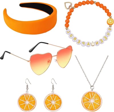 Aperol-thema kostuum voor dames met accessoires, oranje tule rok, oorbellen en bril voor carnaval en feestjes, 6-delige set