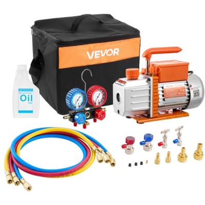 VEVOR Vacuümpomp met Manometer, 4,5 Cfm 127 L/Min, 250 W, Eentraps Roterende Schottenvacuümpomp, Manometerset, Voor R134a, R22, R410a, R1234yf & R32, met Draagtas, Voor Auto-Airconditioningsystemen