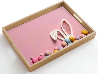 Dienblad hout 50x35 cm - Schootdienblad - Eieren - Pasen - Konijnoren - Roze - Borrelplank rechthoek - Plateau dienbladen