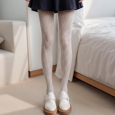 Elegante Zwarte en Witte Panty met Strikpatroon en Visnetdesign voor Dames - Dunne Kanten Hoge Taille Tights, Perfect voor Modebewuste Outfits, One Size
