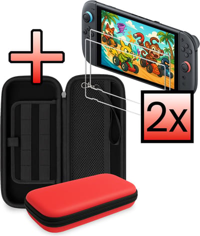 Hoesje Geschikt voor Nintendo Switch 2 Case Hoes Hard Cover Koord Met 2x Screenprotector - Hoes Geschikt voor Nintendo Switch 2 Hoes - Rood